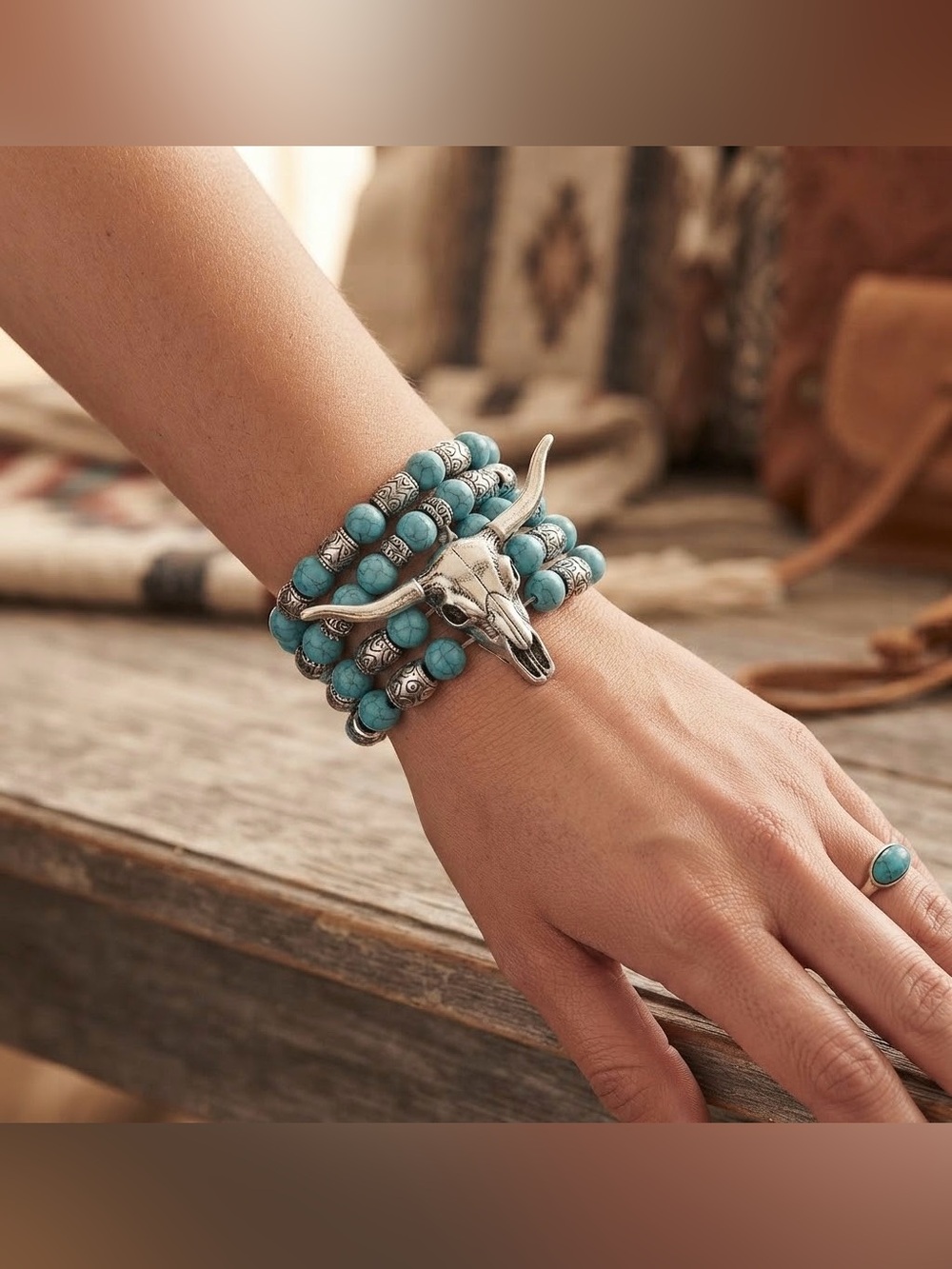 Faux Turquoise Beaded Bull Skull Bracelet - Women Jewelry